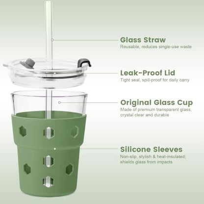 Mrsdry 12oz Iced Coffee Cup with Lids and Straws, BPA Free Reusable Glass Coffee Cups with Silicone Sleeves for Coffee, Iced tea, Thick Wall Glass Cup