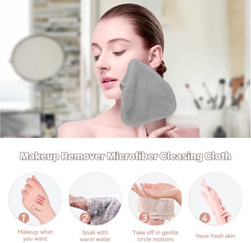 Nugilla Makeup Remover Cloths, 8 Packs Makeup Remover Towels Reusable Face Wash Cloth, Soft Microfiber Face Cloth for Women(Light Grey)