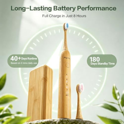 Sonic Electric Bamboo Toothbrush 2 Bamboo Heads with Castor Oil Bristles
