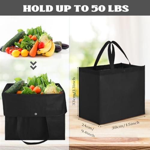 Zhehao 60 Pcs Reusable Grocery Bags Bulk Large Foldable Shopping Tote Bags Non Woven with Handle and Plastic Button(Black)