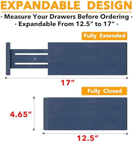 SpaceAid Bamboo Dresser Drawer Dividers 6 Pack, 4.65“ High Adjustable 12.5“-17” Drawer Organizers, Expandable Organization for Clothing, Clothes, Dressers, Navy Blue