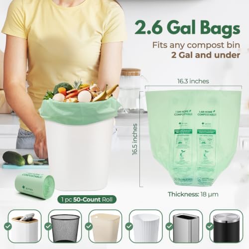 AIRNEX Small Compost Bags 2.6 Gal - 50 Compostable Kitchen Trash Bags for Countertop Bin - Cornstarch Leakproof & Tear-Resistant - OK Compost Home & Seedling Certified 0.18 mm Kitchen Garbage Bags