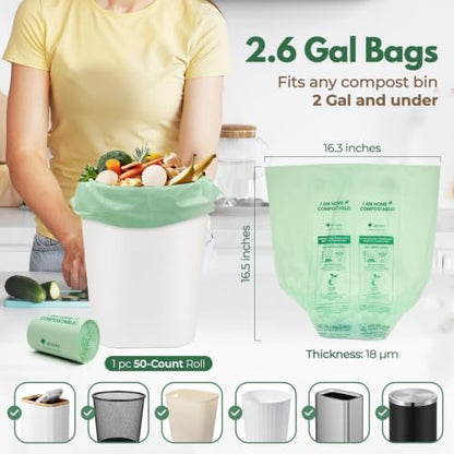 AIRNEX Small Compost Bags 2.6 Gal - 50 Compostable Kitchen Trash Bags for Countertop Bin - Cornstarch Leakproof & Tear-Resistant - OK Compost Home & Seedling Certified 0.18 mm Kitchen Garbage Bags