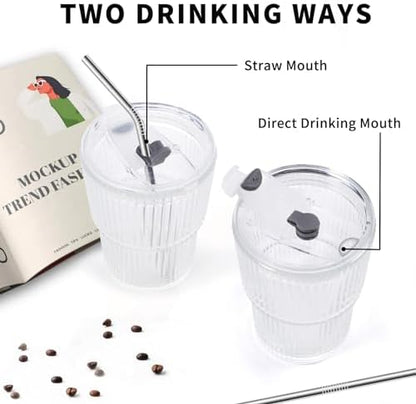 16 OZ Iced Coffee Cups with Lids and Straws Set of 4, Unbreakable Plastic Drinking Glasses Reusable Iced Coffee Glass to Go Cup for Iced Tea,Juice, Water,BPA Free, Dishwasher Safe