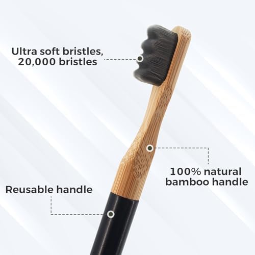 Extra Soft Toothbrushes for Adults - 3 Replaceable Natural Bamboo Tooth Brush Heads with Black Almunium Handle. Soft Bristle Braces Toothbrush. Butter on Gums Manual Toothbrush