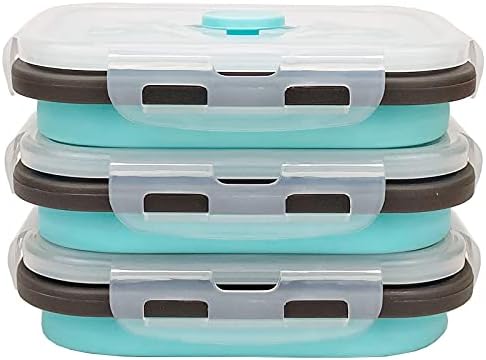 CCyanzi 3piece Collapsible Food Storage Containers with Lids, Silicone Lunch Container, Microwave & Freezer Safe, Space Saving for Kitchen Cabinet and Camping Backpack,(blue gray)