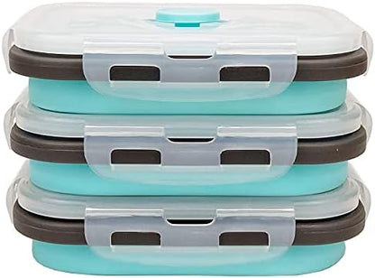 CCyanzi 3piece Collapsible Food Storage Containers with Lids, Silicone Lunch Container, Microwave & Freezer Safe, Space Saving for Kitchen Cabinet and Camping Backpack,(blue gray)