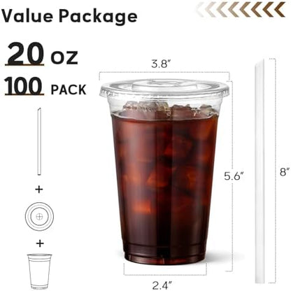 AOZITA 100 Pack - 20 oz Clear Plastic Cups with Lids and Straws, Food Safe Disposable Iced Coffee Cups for Cold Beverages, Smoothies, Iced Coffee, Leak-Proof, BPA-Free