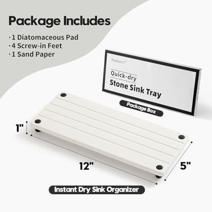 Razborci Instant Dry Sink Caddy Kitchen Sink Organizer, Quick Drying Stone Tray Diatomite Sponge Holder Soap Dish, Bathroom Countertop Fast Dry Water Absorbing Vanity Rack, White, 12" x 5"