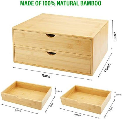 Charmewooden Bamboo Desk Organizer with Drawers, Countertop Organizer with Drawers Makeup Storage Drawer 2 Drawers Tabletop Storage Organization Box Home Office Workspace Bathroom Toiletries Supplies