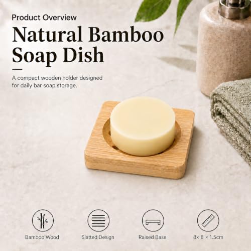 Bamboo Soap Dish for Bar Soap, Raised Wooden Holder with Drain Slots，Square Bamboo Soap Dish