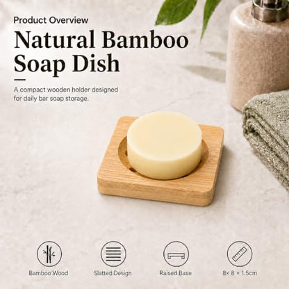 Bamboo Soap Dish for Bar Soap, Raised Wooden Holder with Drain Slots，Square Bamboo Soap Dish