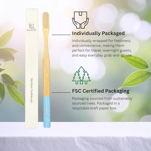 Bamboo Toothbrushes 4 Pack for Adults, Plant Based Bristles Derived from Castor Bean Oil, Soft Medium Bristles, Individually Wrapped Travel Toothbrushes, FSC Certified Packaging