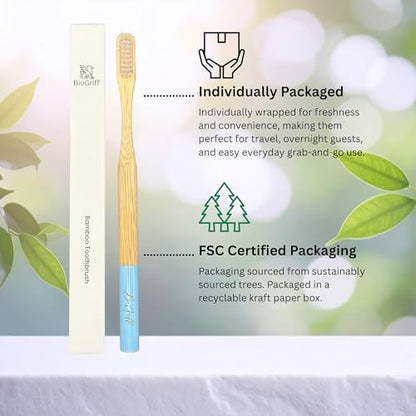 Bamboo Toothbrushes 4 Pack for Adults, Plant Based Bristles Derived from Castor Bean Oil, Soft Medium Bristles, Individually Wrapped Travel Toothbrushes, FSC Certified Packaging