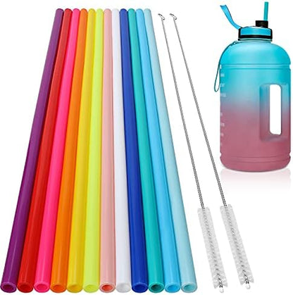 12 Pack Extra Long 14.5 inch Reusable Silicone Straws for Stanley 40 oz Tumbler 1 Gallon 128 75 64 OZ Tumbler, Large Water Bottle -Wine Bottle - Flexible Drinking Straws with 2 Cleaning Brushes