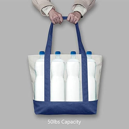 TOPDesign 3-Pack Canvas Tote Bags with an External Pocket, Reusable Grocery Shopping Bags, Top Zipper Closure, Daily Essentials (Blue/Natural)
