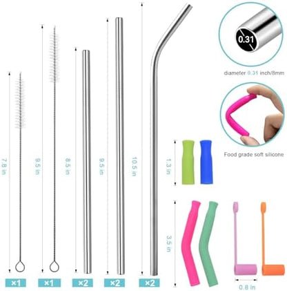 Reusable Stainless Steel Straws Set 6 PCS with 6 Silicone Tips, 2 Straw Brush, 1 Storage Case, Different Sizes of Metal Straws Reusable, Suitable for 14, 20, 30 oz Cups Tumbler, for Hot/Cold Drinks