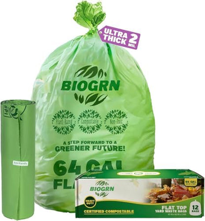 60-64 Gallon Compostable Trash Bags, 12 Count, 2 Mil Heavy Duty Flat Top Large Trash Bags, 243L Lawn & Yard Waste Bags for Outdoor Garden Cleanup, ASTM D6400 BPI & OK Compost HOME Certified