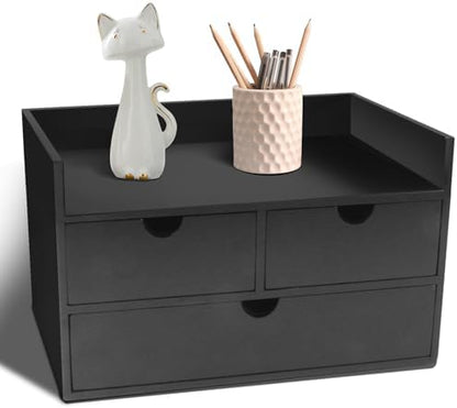 Charmewooden Bamboo Desk Organizer 3 Drawer with Shelf, Countertop Organizer with Drawers Makeup Storage Drawer 3 Drawers Tabletop Storage Organization Box Home Office Workspace（Black）