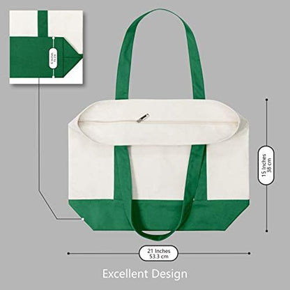 TOPDesign 30-Pack Canvas Tote Bags with an External Pocket, Reusable Grocery Shopping Bags, Top Zipper Closure, Daily Essentials (Green/Natural)