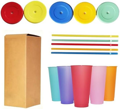 Color Changing Cups, 5 Pack 24oz Plastic Tumblers, Reusable Iced Coffee & Smoothie Cups with Lids and Straws for Parties and Travel (5 Changing, 5 Packs)