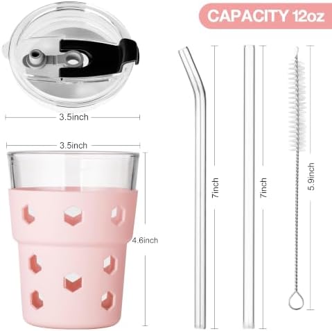Mrsdry 12oz Iced Coffee Cup with Lids and Straws, BPA Free Reusable Glass Coffee Cups with Silicone Sleeves for Coffee, Iced tea, Thick Wall Glass Cup