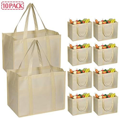 DIOMMELL 10 Pack Reusable Grocery Bags Extra Large Super Strong Heavy Duty Shopping Tote Bags with Reinforced Handles, Beige