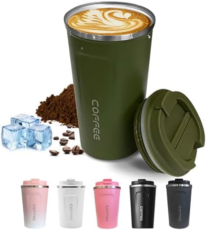 SPLMIFA Travel coffee mugs leak-proof, reusable coffee cups with lids, stainless steel vacuum insulated coffee tumblers, thermal insulation cups for men & women keep drinks hot & cold(2nd-Green, 12OZ)