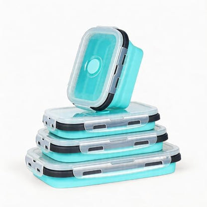 Collapsible Silicone Food Storage Containers Set, 4PCS Foldable Lunch Boxes with Lids & Air Vent, 27oz Multifunctional Travel Food Containers, Bento Boxes, Blue