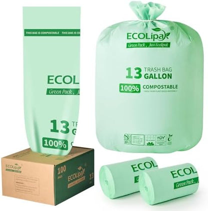 ECOLipak 13 Gallon 100 Count Compostable Kitchen Trash Garbage Bags
