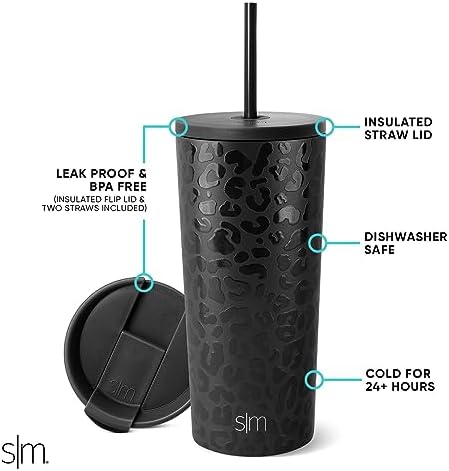 Simple Modern Insulated Tumbler with Lid and Straw | Iced Coffee Cup Reusable Stainless Steel Water Bottle Travel Mug | Gifts for Women Men Her Him | Classic Collection | 20oz | Black Leopard
