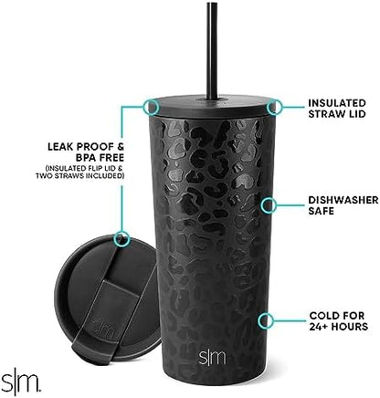 Simple Modern Insulated Tumbler with Lid and Straw | Iced Coffee Cup Reusable Stainless Steel Water Bottle Travel Mug | Gifts for Women Men Her Him | Classic Collection | 20oz | Black Leopard
