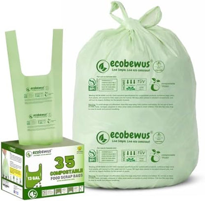 Certified Compostable 13 Gal Bags (35 Bags) Tall Kitchen Food Scrap Bags Certified Compostable Trash Bags BPI Certified Compostable & TÜV OK Compost HOME Certified, Meets ASTM D6400 (35 ct.)