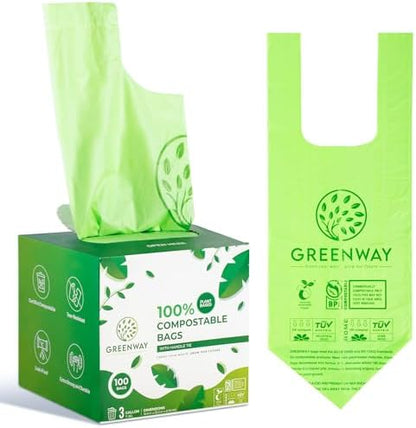 GREENWAY 3 Gallon Compostable trash Bags with Handles,100 Count, Extra Thick 0.70 Mil, BPI & OK Home Certified,Small kitchen Trash Bags for Countertop Compost Bins, Food Waste, Bathroom, Cat Litter
