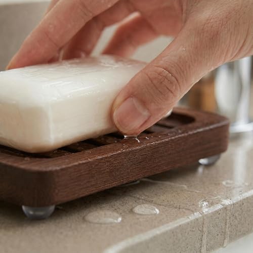 Wooden Soap Dish, Brown Bamboo Self-Draining Bathroom Tray, 2 Pack Slotted Design for Shower, Sink, Kitchen, Bathtub (Black Walnut)