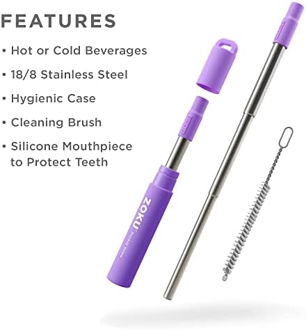 ZOKU Reusable Metal Straw with Case for Travel, Purple - Collapsible Stainless Steel Drinking Straw with Silicone Tip and Cleaner Brush, Ideal for Key Chains, Pockets, Purses
