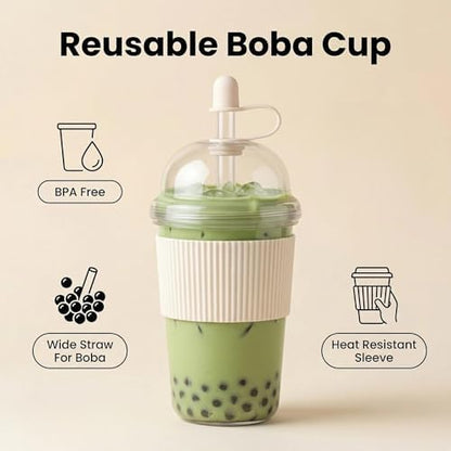 Reusable Iced Coffee Cups with Lids and Straws 17oz, Boba Cup with Straw, Tumbler with Silicone Sleeve for Cold Drinks, Iced Coffee, Bubble Tea ，White