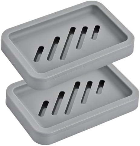 2PCS Grey Soap Holders, Premium Plastic Bamboo Dish for Shower, Bath