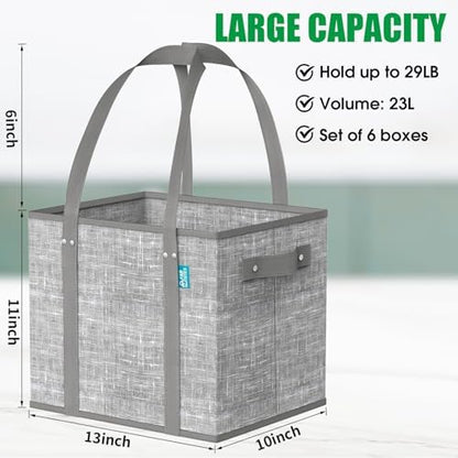 Fab totes Reusable Grocery Bags, Large Foldable Shopping Tote Bags with Reinforced Handles & Hard Bottom,6 Pack, Grey