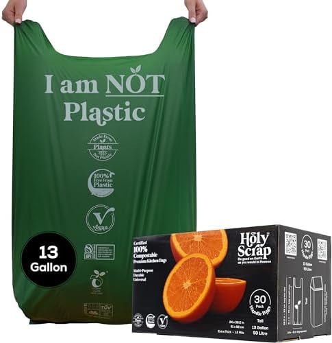 Extra Large Compostable Trash Bags - 13 Gallon, 30 Pack | Plastic-Free & Decomposing Tall Kitchen Garbage Bags & Liners with Easy-Tie Handles | Thick Bin Bags for Green & Food Waste