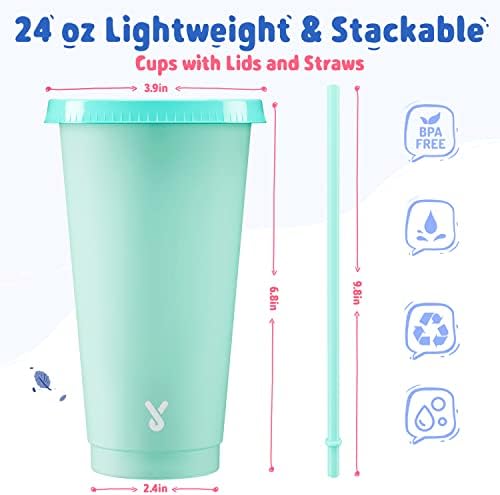 Meoky Plastic Cute Cold Cups with Lids and Straws Bulk for Iced Coffee - 6 Pack 24 oz Color Changing Reusable for Adults Kid Women Party