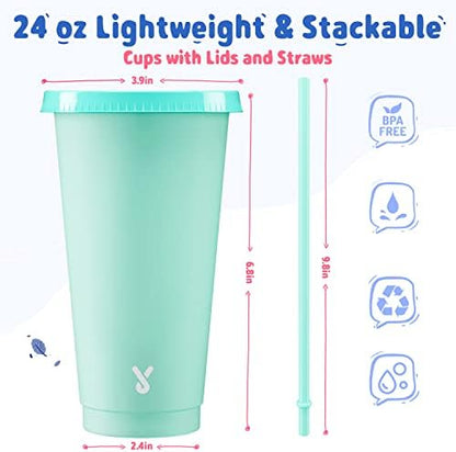 Meoky Plastic Cute Cold Cups with Lids and Straws Bulk for Iced Coffee - 6 Pack 24 oz Color Changing Reusable for Adults Kid Women Party