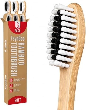 Bamboo Toothbrushes Soft Bristles 6 Pack - BPA Free Bristles Toothbrushes Teens and Adults - Eco-Friendly, Natural Wooden Toothbrush (Light Brown, Black, White).