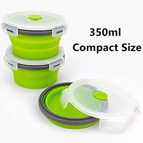 CCyanzi 3piece Round Collapsible Bowl with Lids, Silicone Food Storage Containers, Microwave & Freezer Safe, Space Saving for Kitchen Cabinet and Camping Backpack,(Green Gray)