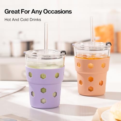 Mrsdry 12oz Iced Coffee Cup with Lids and Straws, BPA Free Reusable Glass Coffee Cups with Silicone Sleeves for Coffee, Iced tea, Thick Wall Glass Cup