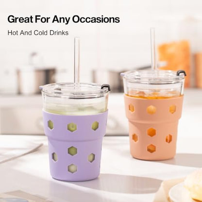 Mrsdry 12oz Iced Coffee Cup with Lids and Straws, BPA Free Reusable Glass Coffee Cups with Silicone Sleeves for Coffee, Iced tea, Thick Wall Glass Cup
