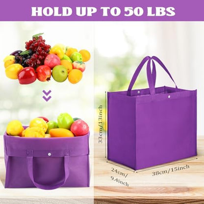 Zhehao 60 Pcs Reusable Grocery Shopping Bags Large Foldable Gift Tote Non Woven Fabric Bags with Handle and Plastic Button for Birthdays, Bridesmaids, Party Favors, 15 x 9.5 x 13 Inch (Purple)