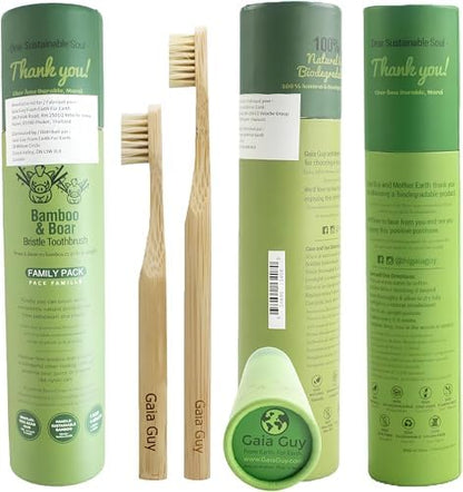 Gaia Guy Natural Bristle Bamboo Toothbrush Family Pack (NO Nylon - Boar Hair ONLY) - Totally Compostable & Biodegradable Boar Bristle and Bamboo Toothbrushes - Zero Waste - 4 Kids and 4 Adults