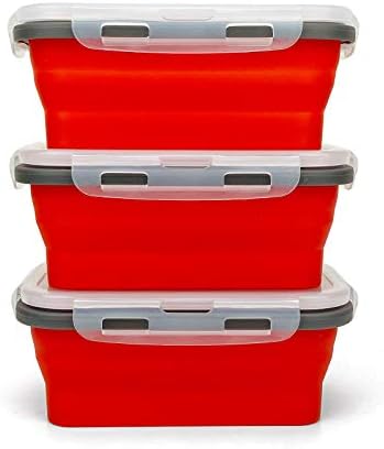CARTINTS Set of 3 Collapsible Food Storage Containers with Lids, Collapsible Silicone Bowls, Silicone Lunch Containers, For Meal Prep, Camping, Travel, Microwave and Freezer Safe,500ml,Red