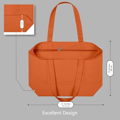 TOPDesign 3-Pack Canvas Tote Bags with an External Pocket, Reusable Grocery Shopping Bags, Top Zipper Closure, Daily Essentials (Orange)